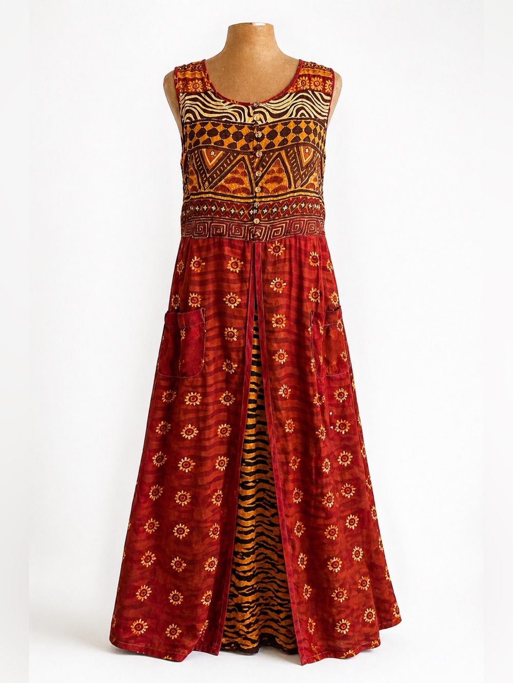 René Derhy Boho Maxi Viscose Dress Button Festival Tribal Earth Tone Vintage